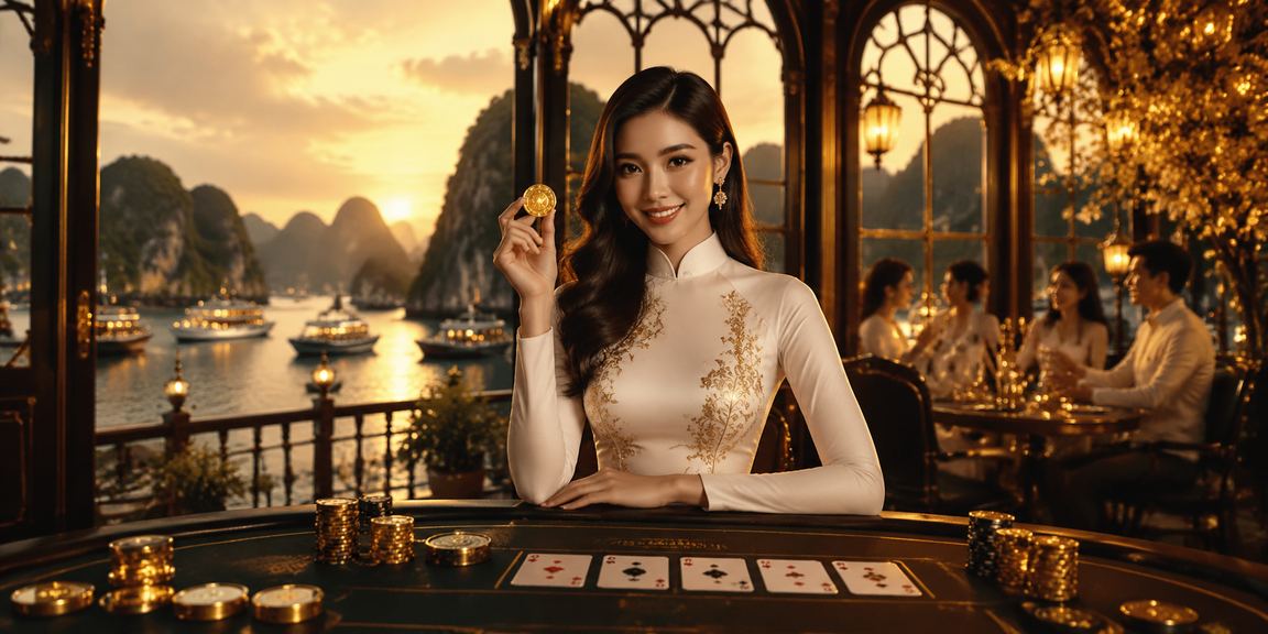 Người chơi cá cược trực tuyến tại vịnh Hạ Long với trang phục áo dài truyền thống